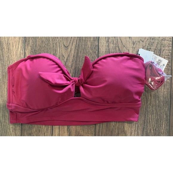 Women's Shade & Shore Long Line Front Tie Bandeau Bikini Top, Berry Medium 820 - Picture 4 of 9